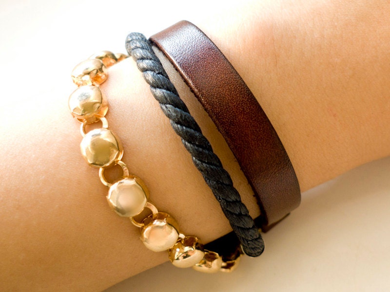 Chic Leather Bracelet With Golden Chains and Black Hemp Rope Bohemian Bracelet