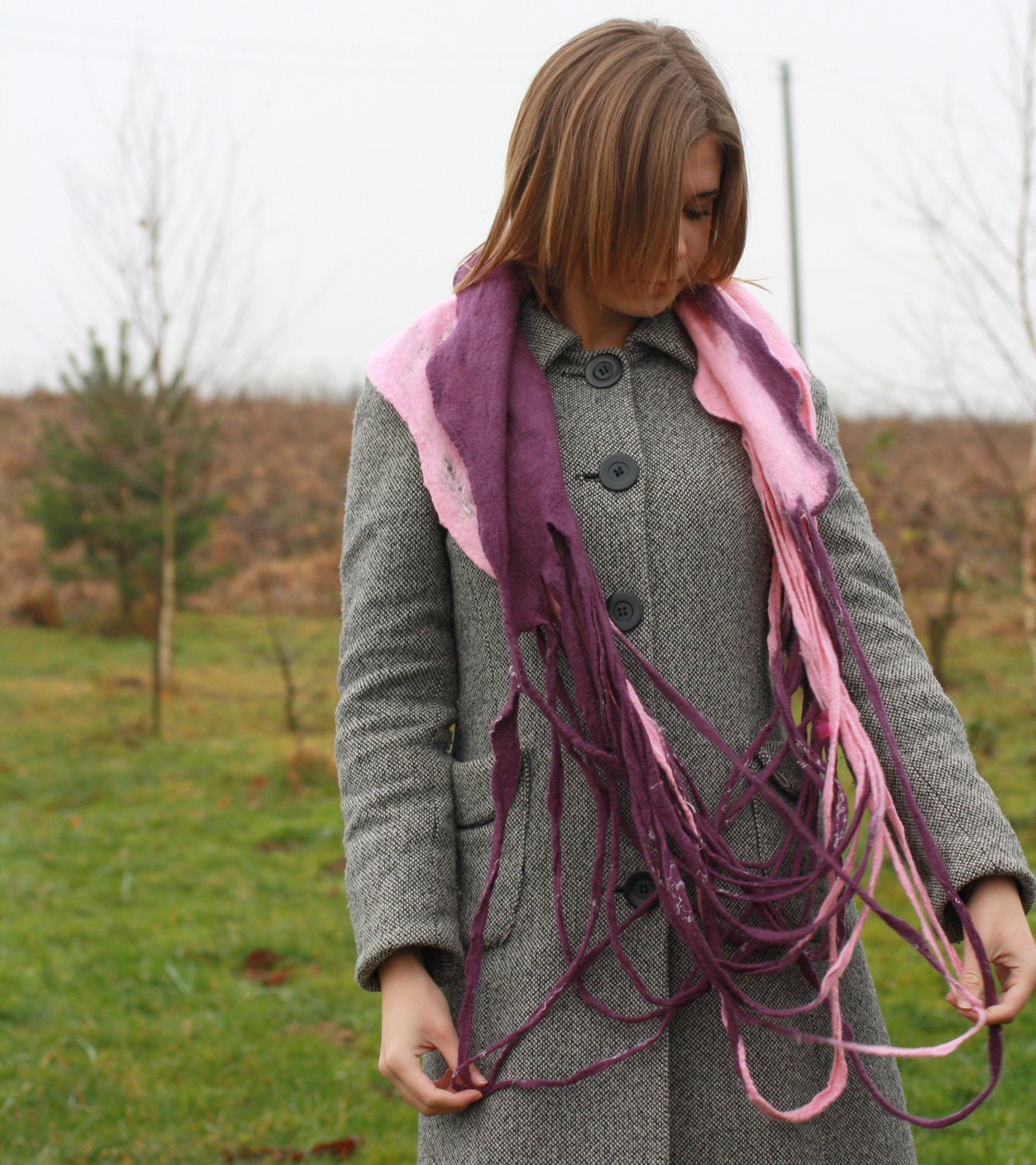 Women infinity scarf - Cobweb felted wool Circle scarf - necklace / pink purple blush violet - ready to ship