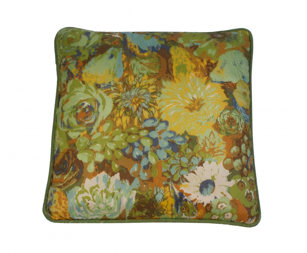 Funky Floral Throw Pillow Retro Hippie Kitsch Decor Olive Green / Vintage 60s 70s