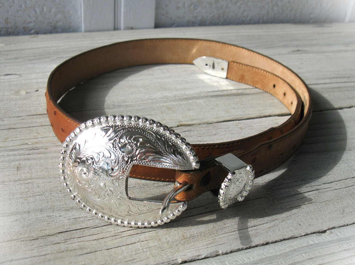 TONY LAMA Tan Ostrich Print Leather Belt with Silver Buckle & Keeper, size 34