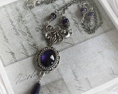 DREAMING IN INDIGO romantic Victorian necklace in aged silver with hand painted indigo glass focal, gift boxed