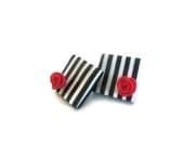 Black and white stripes with red roses square polymer clay post earrings