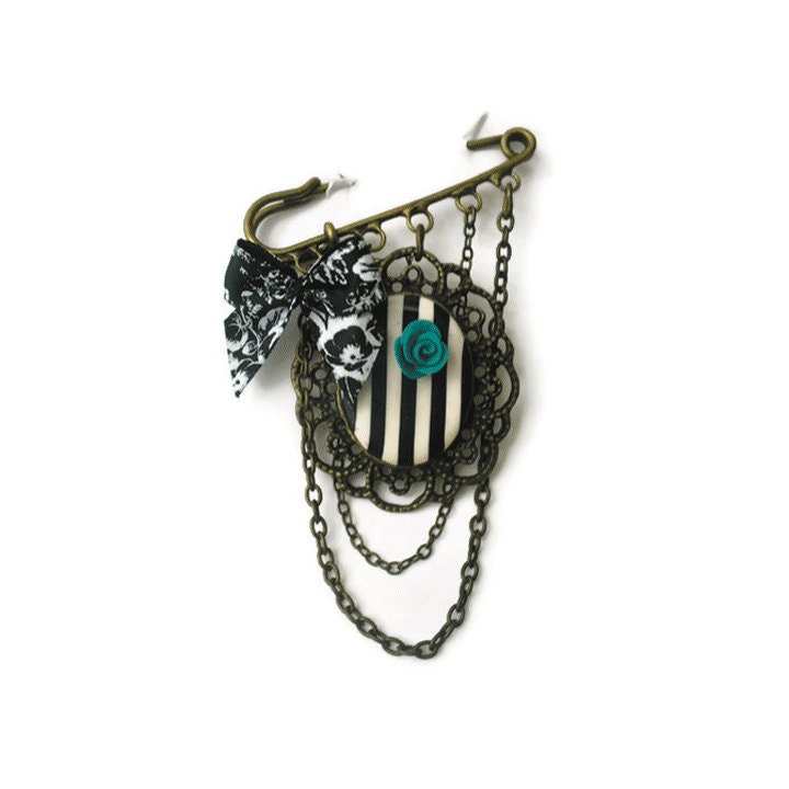 Handmade polymer clay brooch black and white stripes ,rose  and ribbon