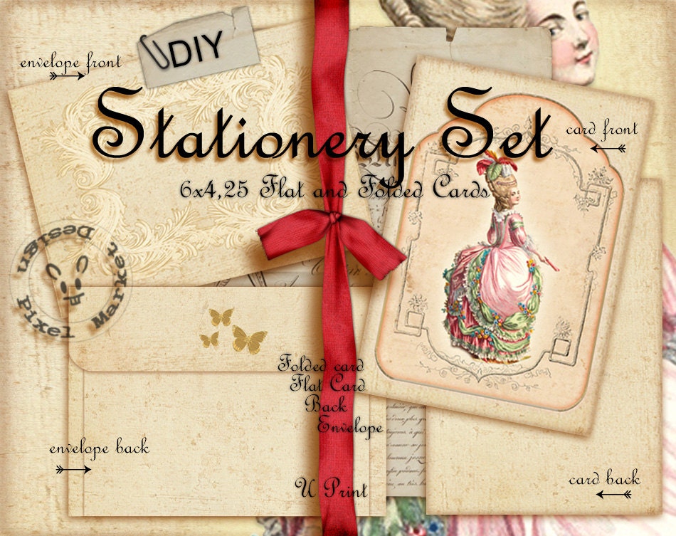 Marie Antoinette Stationery Printable CARD ENVELOPE Templates   6x4,25 Collage Sheet  Shabby Folded Flat Card Invitation DIY s01
