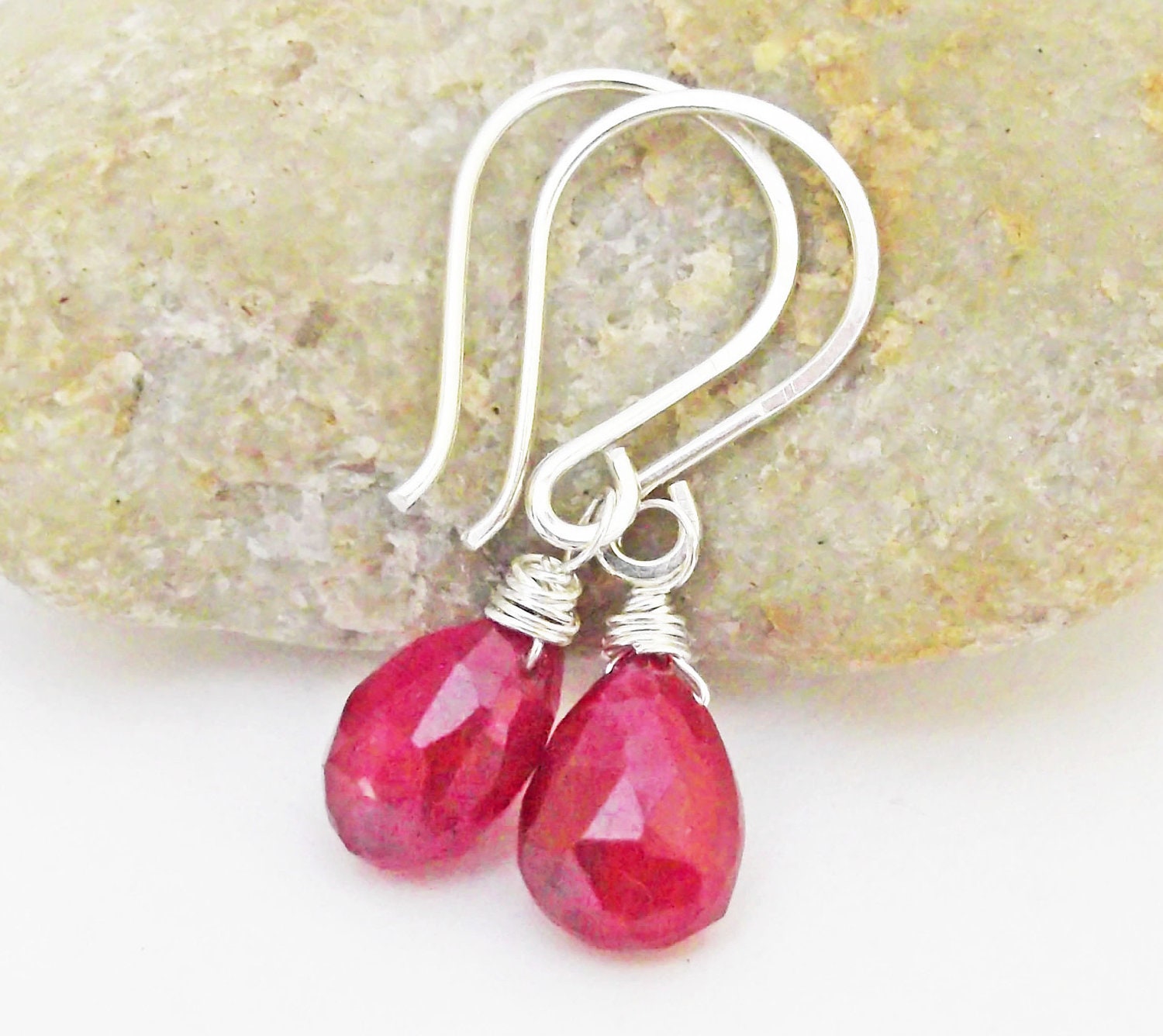 Ruby Gemstone Earrings, Sterling Silver, Wire Wrapped Briolette