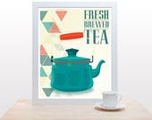 Mid Century Modern Print Teapot - 11x14 Part decor wall poster kitchen nature Nordic branches red teal green geometric yellow