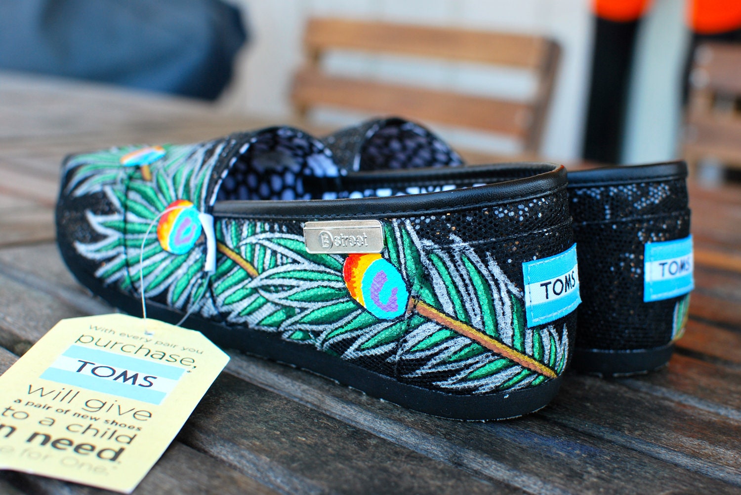 Black Glitter Peacock Feather TOMS shoes