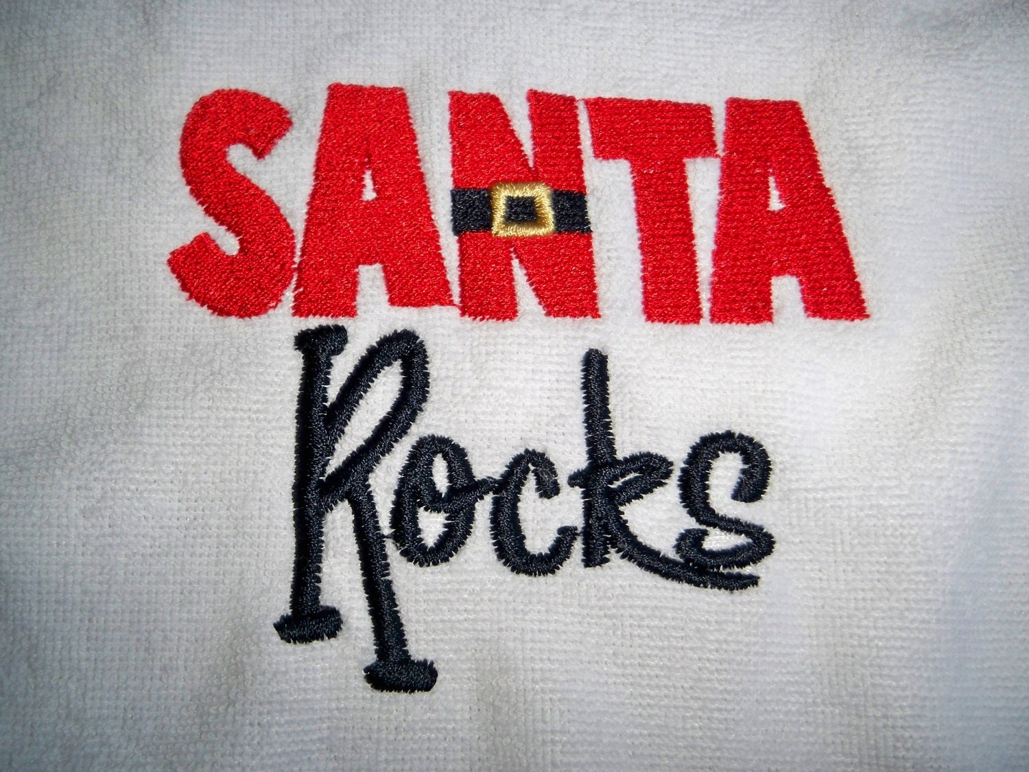 Christmas Bib - Santa Rocks - Baby Christmas Bib - White Bib Embroidered in Red and Black - Santa Claus Bib