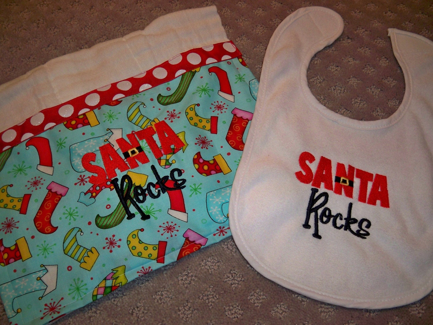 Santa Rocks Baby Christmas Bib and Burp Cloth Set - Santa Rocks - Baby Santa Claus Bib and Burp Cloth