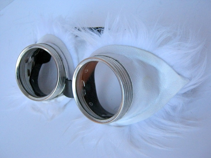 Steampunk Goggles Air Pirate Eyewear - white faux leather with white faux fur eye trimming