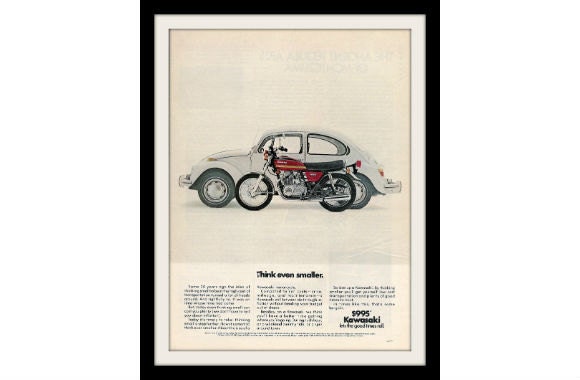 VW Beetle Bug & Kawasaki Motorcycle Ad, Vintage Advertising Wall Decor Art Print