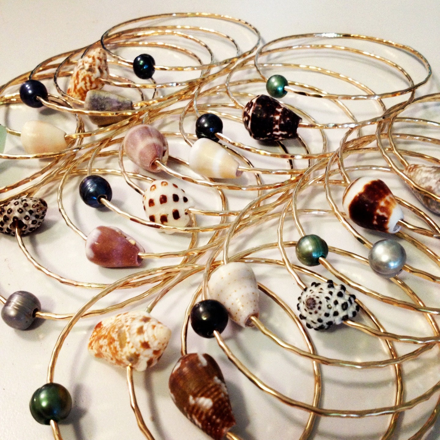 3 Hawaiian Shell Bangles Puka Shells or Cone Shells 14kt gold filled
