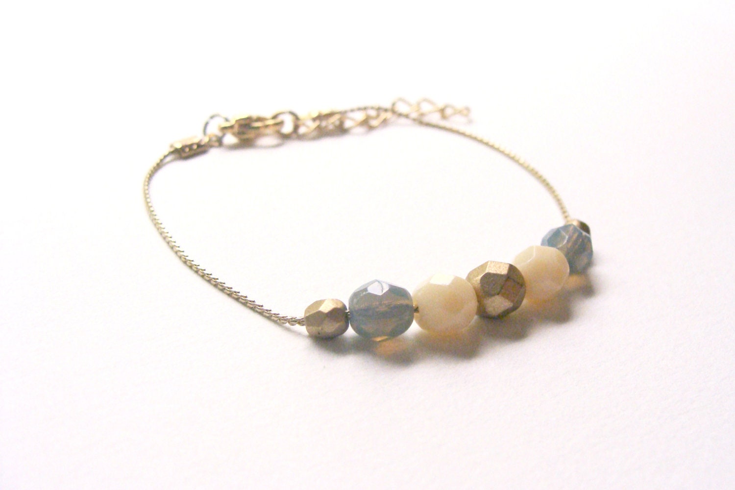 Grey violet, gold and ivory minimal geometric bracelet, czech beads in golden chain