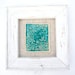 Turquoise framed tile, humming bird green turquoise crackle glaze blushes of pink, vintage linen, white painted wood frame