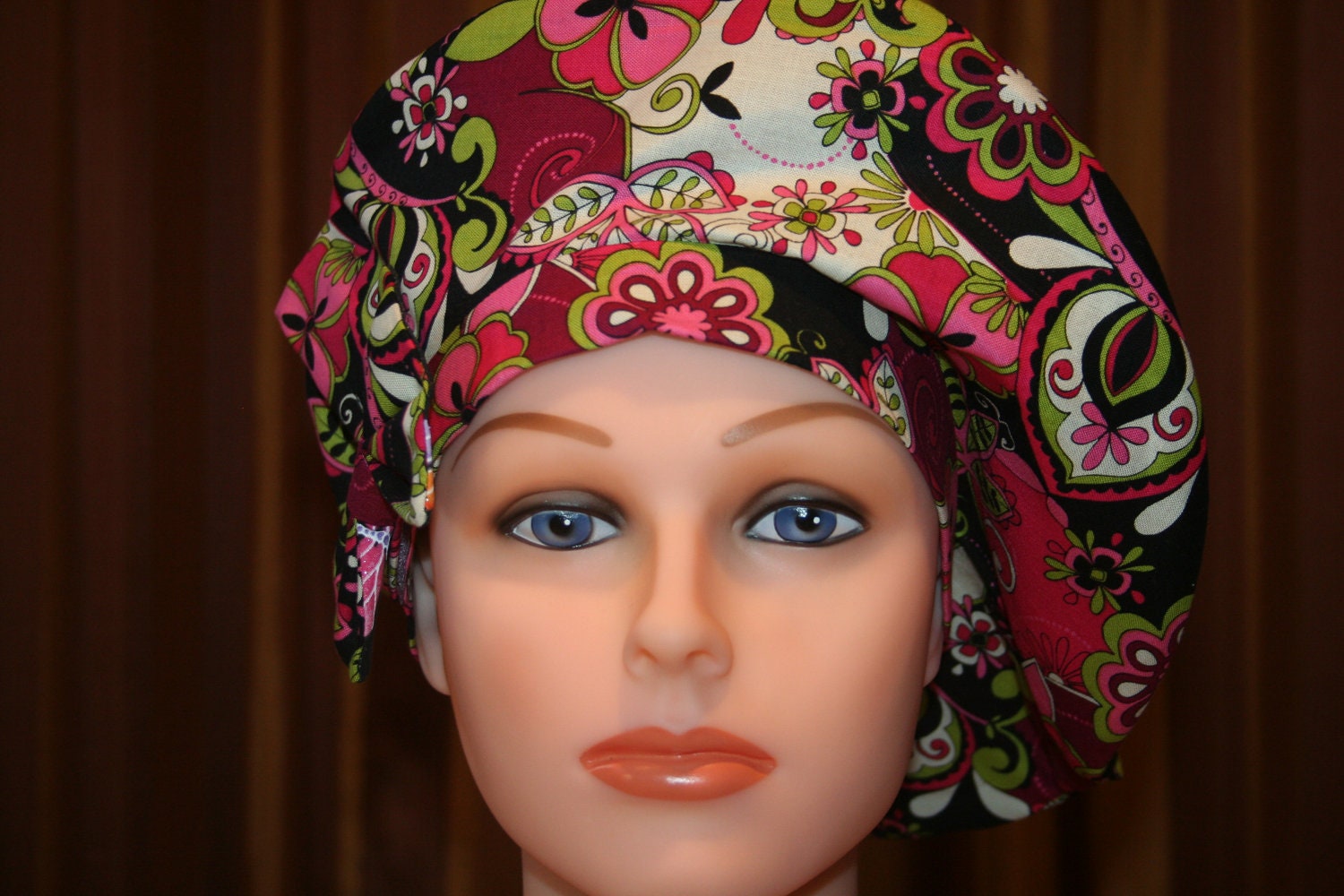BOUFFANT Surgical Scrub Hat--Beret Style with Side Bow--Pink Paisley Floral Bouquet