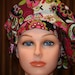 BOUFFANT Surgical Scrub Hat--Beret Style with Side Bow--Pink Paisley Floral Bouquet