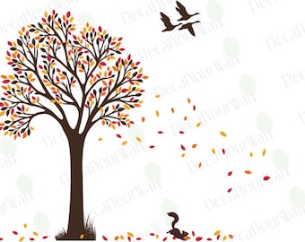 Large Autumn Theme Tree with Birds Wall Decals Removable Vinyl Wall Art Stickers Children's Baby Nursery Kid's Room Home Decor