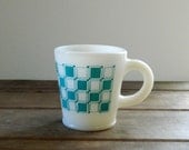 Vintage Turquoise Checkerboard Milk Glass Mug - Nice