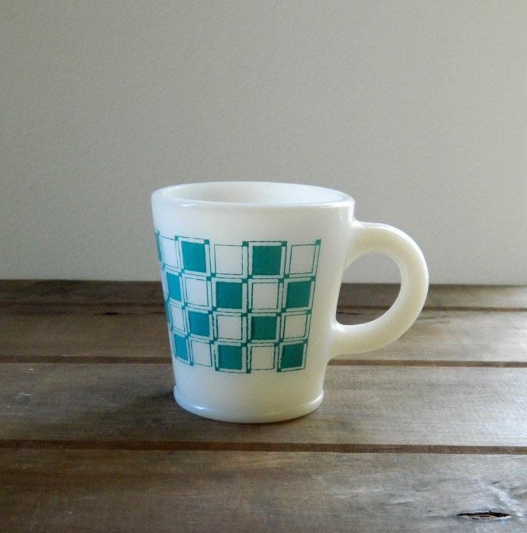 Vintage Turquoise Checkerboard Milk Glass Mug - Nice