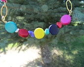 multi-color wood/stone bead necklace, yellow, blue, purple, red, gold