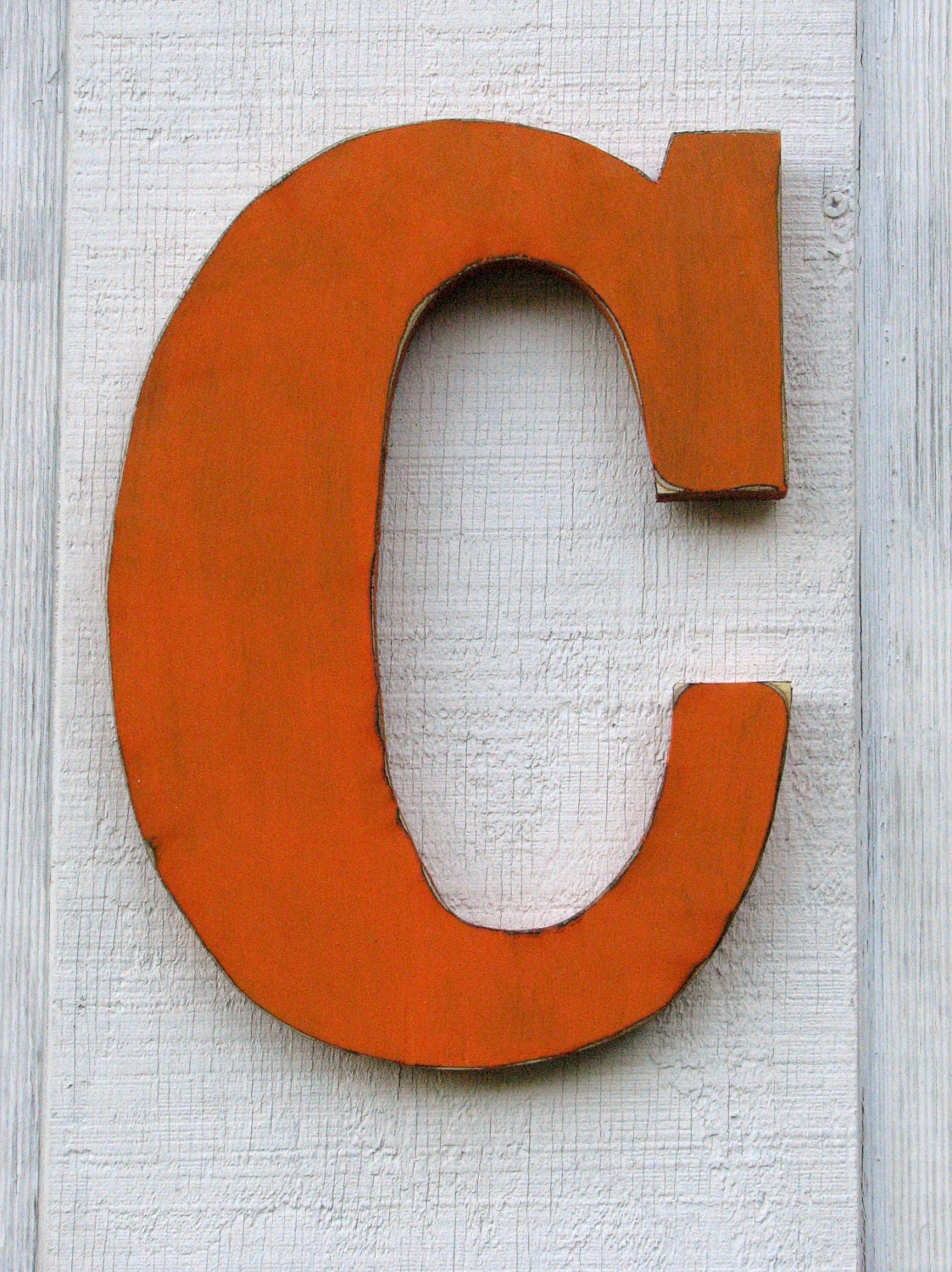 Rustic Wooden Alphabet Letter "C" Bright Orange Distressed 12" Tall 3/4" thick home decor kids room baby nursery you pick letter and color