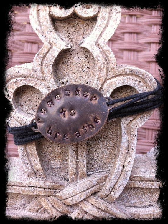 Women's or Unisex Black Cotton Cord Inspiration Wrap Bracelet with Hand Stamped Brass Tag "remember to breathe"