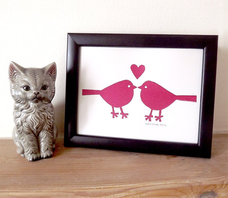 Love Birds Handprinted Relief Print in Wine Red by hello DODO - Valentine's Gift