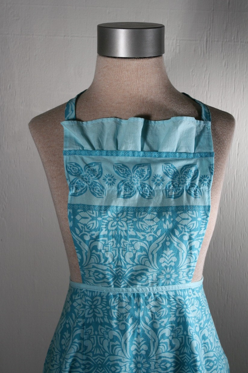 Upcycled Turquoise Cotton Print Apron, Made from a Skirt