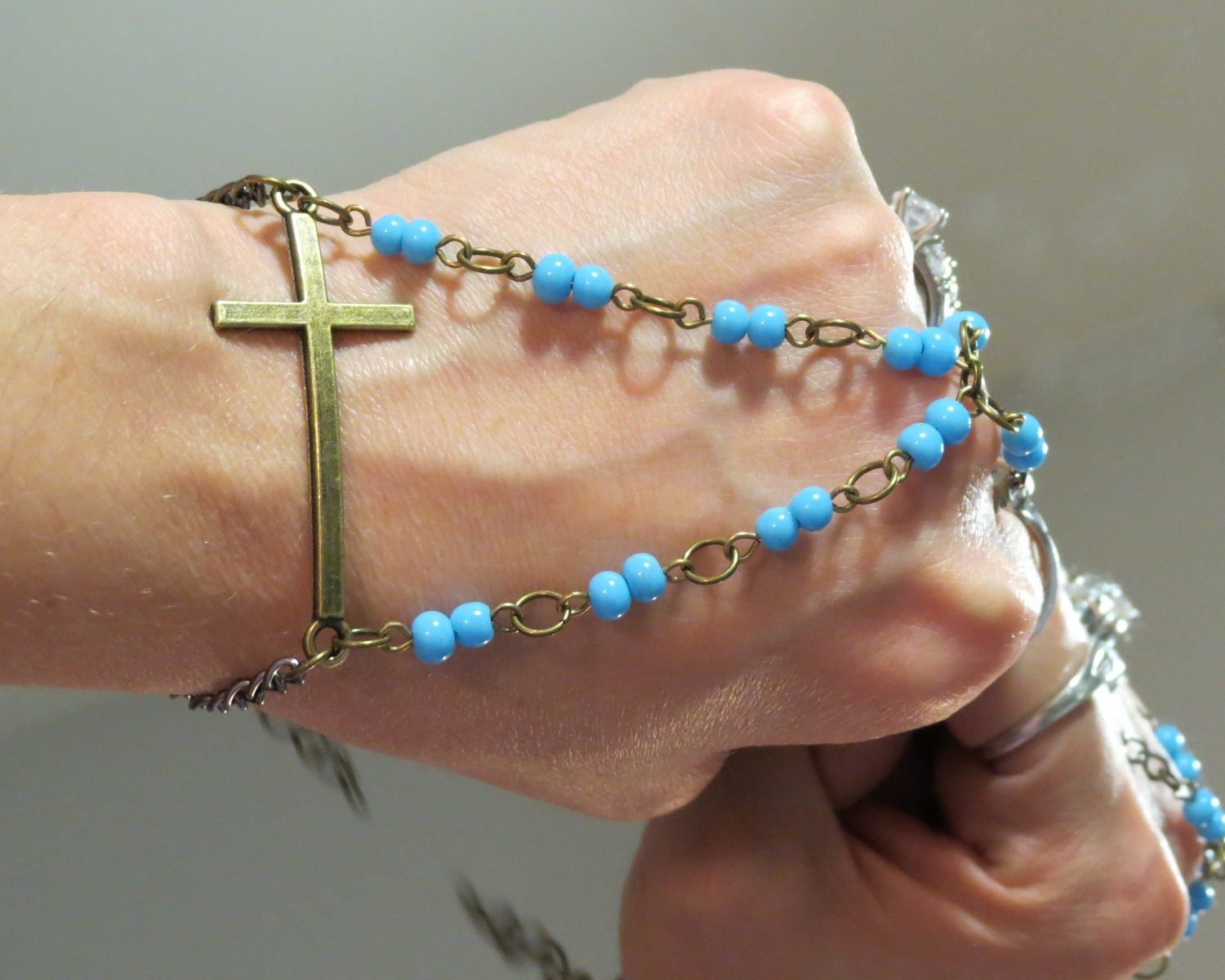 Beaded Cross Bracelet Ring, Slave Bracelet, Religious, Christian, Catholic Bracelet, baby blue, Blue Sky, Custom Sized, Cross
