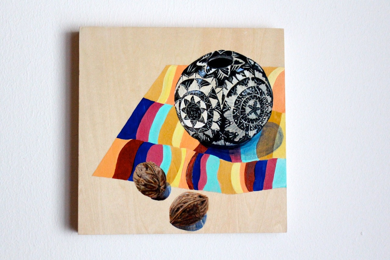 Hyperrealist Still Life, Southwest Art, Hopi Pot with Walnuts, Acrylic on Panel, 8 x 8 in. by Heather McCaw