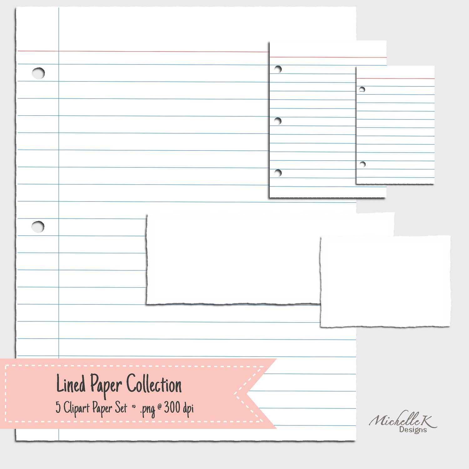 5 Piece Lined/Ripped Paper Collection for scrapbooking, crafting, etc - 300 dpi - PNG Files with transparent backgrounds - Instant Download
