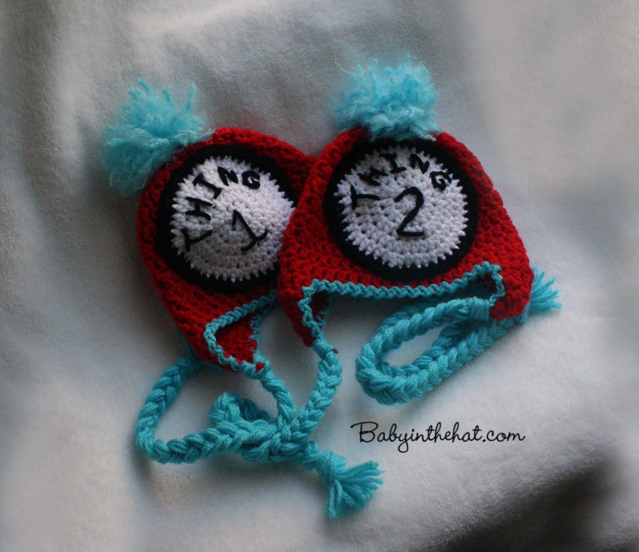 Newborn Twins Thing 1 and Thing 2  Dr Seuss Hat Boys or Girls Red and Blue Crochet Hat Photo Prop Set