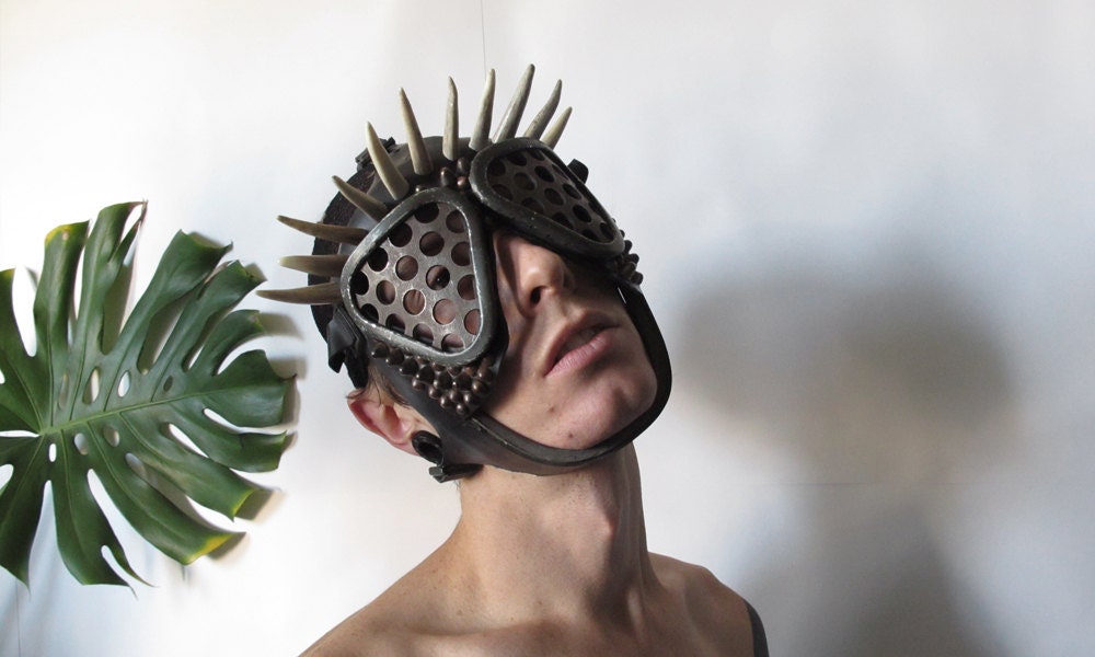 Antler tip crown gas mask with tarnished studs