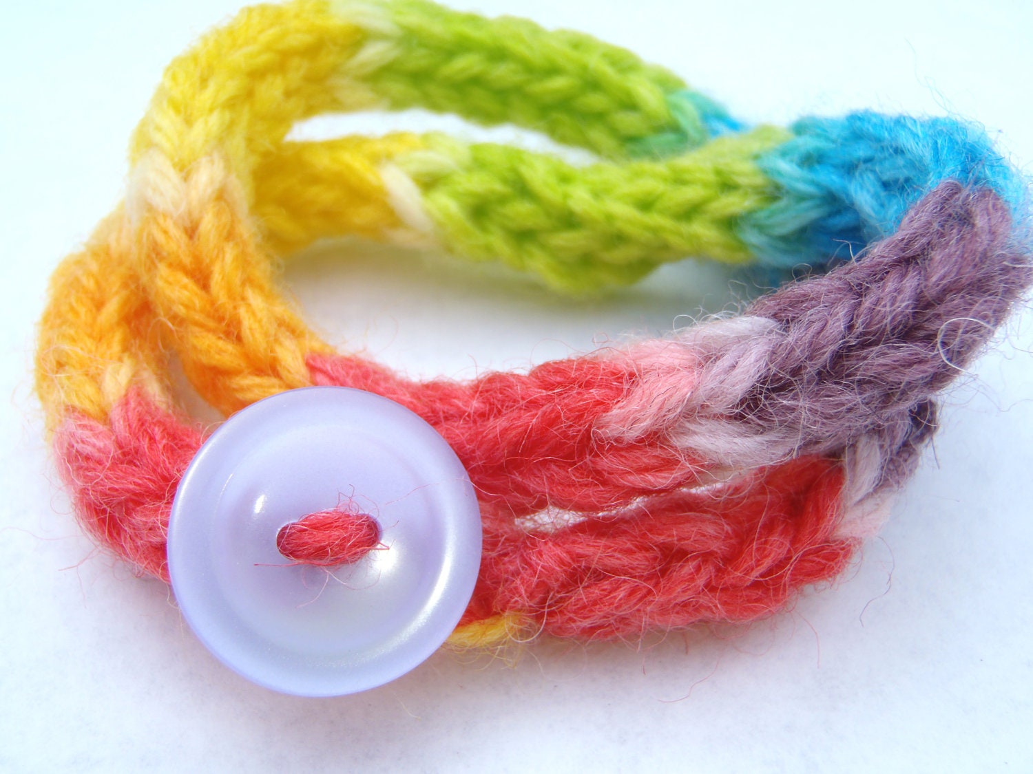Rainbow jewelry, yarn bracelet with button