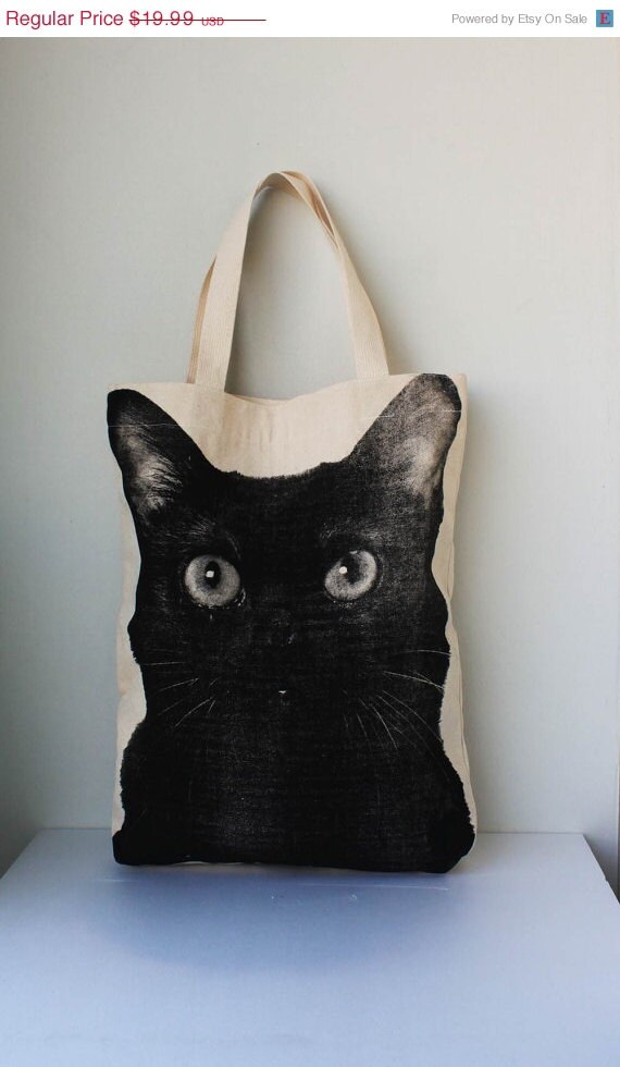 ON SALE Black cat Canvas tote bag - cat tote bag Diaper bag Shopping bag Document bag Market Bag.