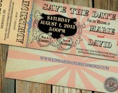 Circus, Carnival or Cinderella theme Wedding Save the Date or Baby Shower or Birthday Party Ticket with steampunk and vintage elements