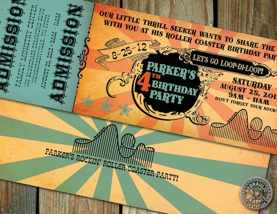 Roller Coaster Birthday Party or Wedding Save the Date Ticket Invitation for a Circus or Carnival themed birthday, wedding or baby shower Il_570xn