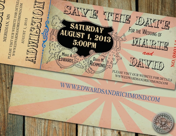 Circus, Carnival or Cinderella theme Wedding Save the Date or Baby Shower or Birthday Party Ticket with steampunk and vintage elements Il_570xn
