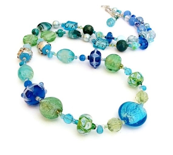 Azure long beaded necklace 'Tropical Rainforest' handmade