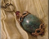 Robin's Egg Blue Luster Czech Glass Bead Focal Pendant with Filigree Bead Caps, Carnelian, Garnet, and Antiqued Brass Chain
