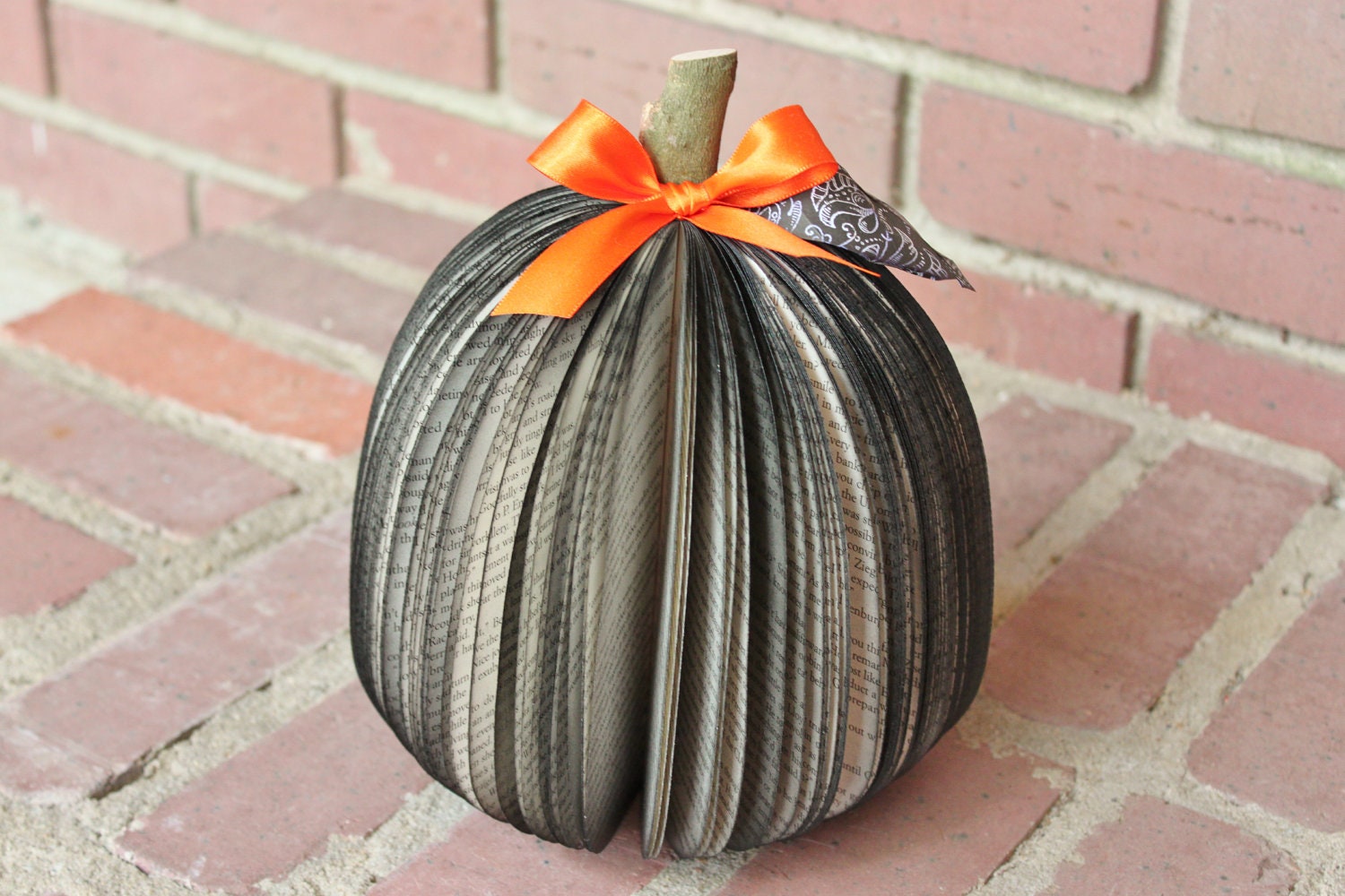 Halloween Upcycled Book Pumpkin, black with orange bow, MADE TO ORDER - whimsysworkshop