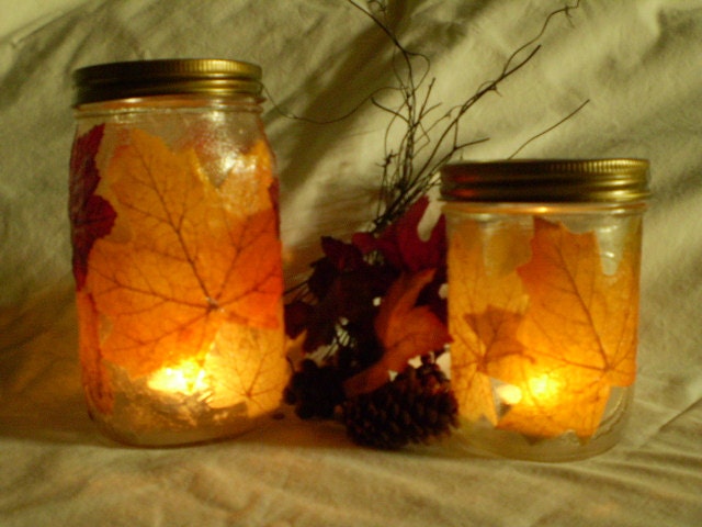 Fall Leaves Glass Tealight Holders - Quart and Pint, set of two with tealight candles