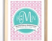 Modern Nursery Art Print - Girl's Monogram Wall Decor - Your Choice or Colors and Pattern