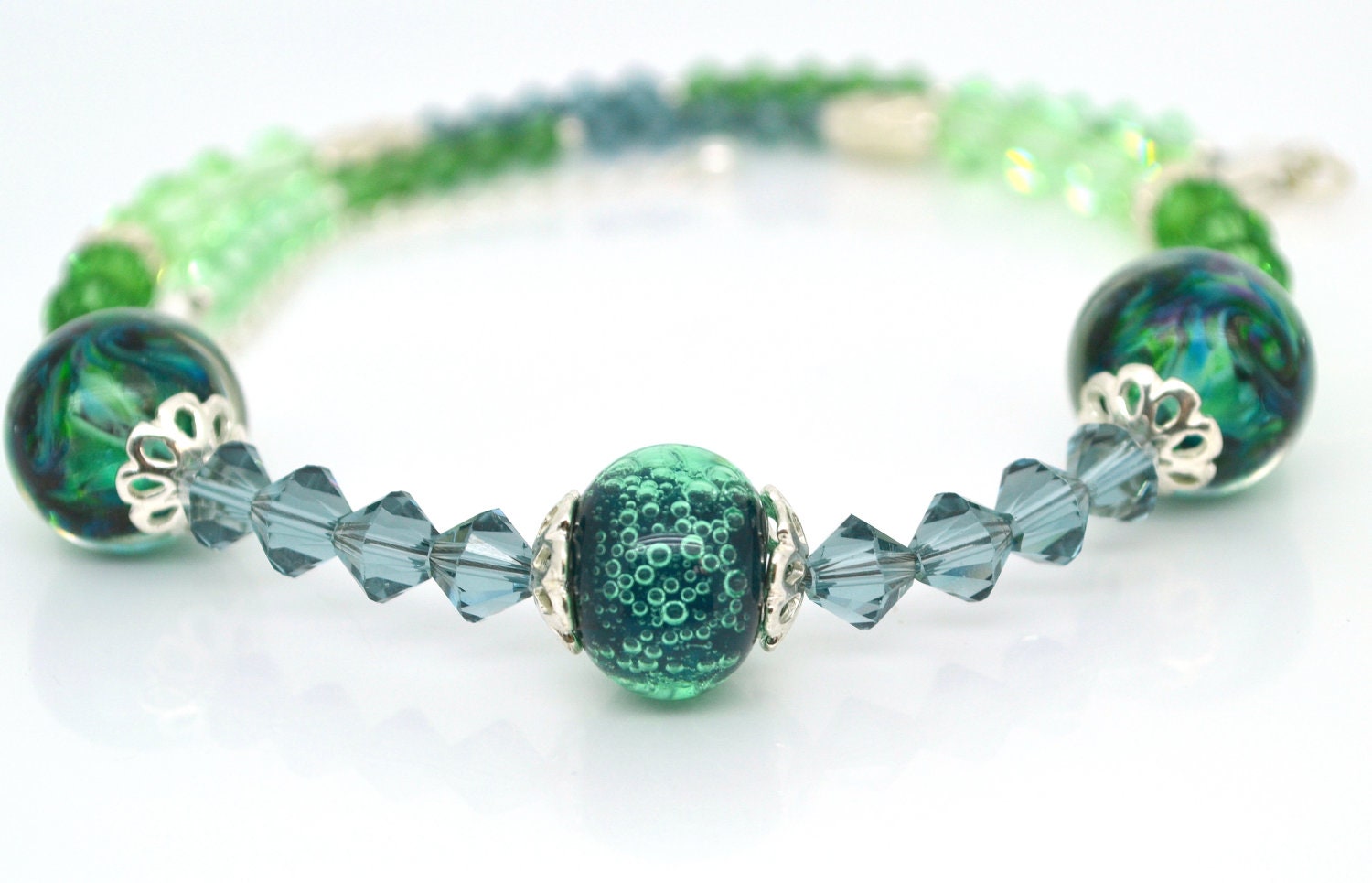 Spring Jewelry, Green Choker Lampwork Necklace Swarovski Crystal Necklace Sterling Silver Choker OOAK