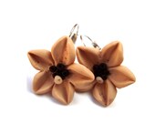 Polymer Clay Nude Beige Flower Dangle Drop Earrings. Silver Tone French Earwire. Hand Crafted Flower Jewelry