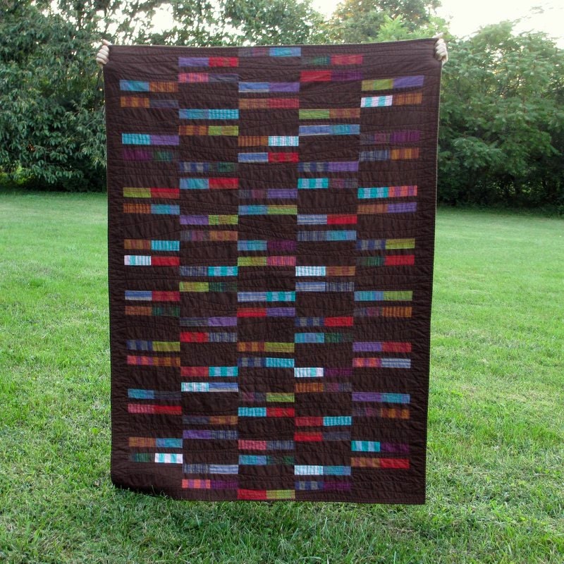 Handmade Brown Lap Quilt, Modern Quilt, Cotton, Woven Stripes