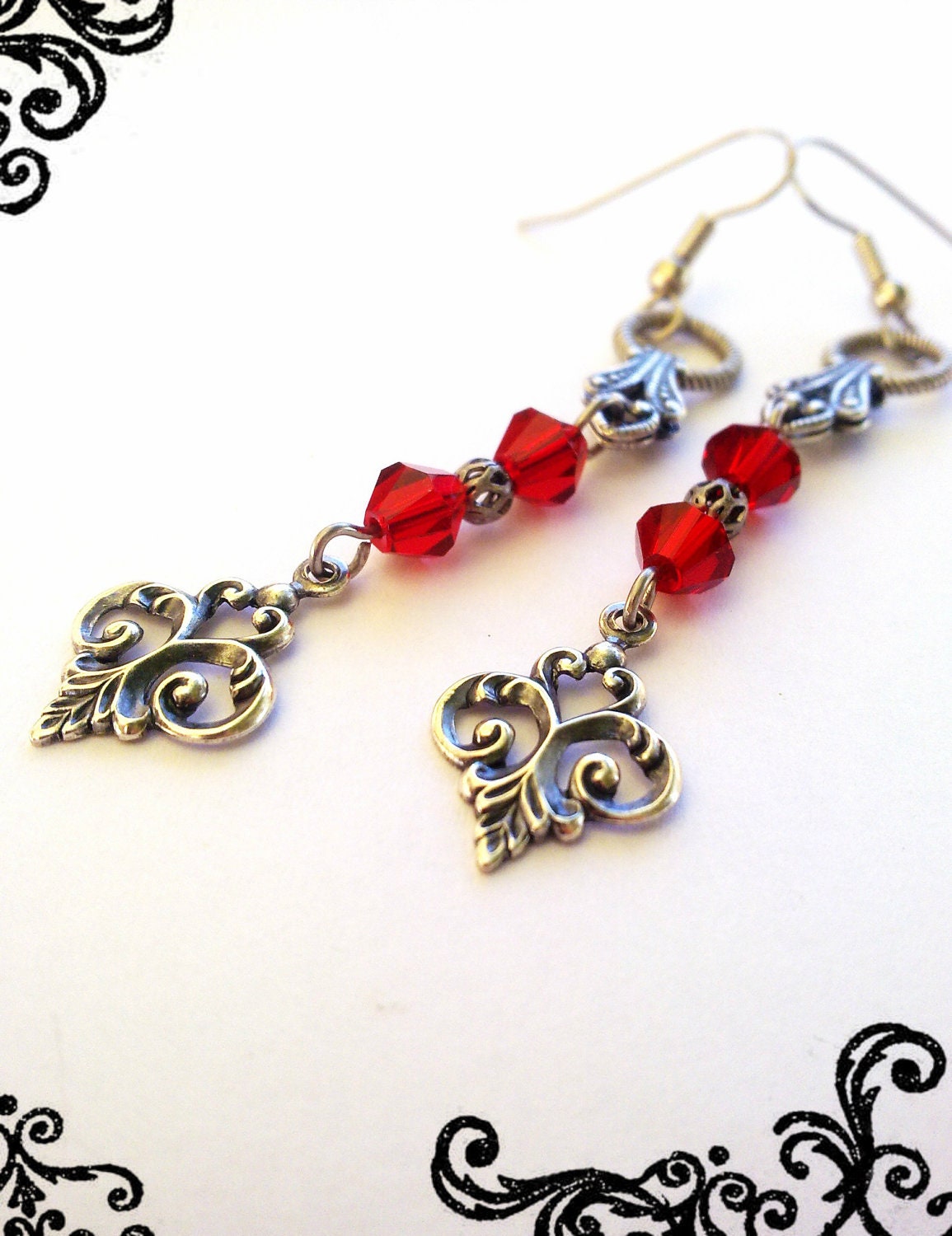 gothic silver filigree fleur de lys blood red crystal earrings