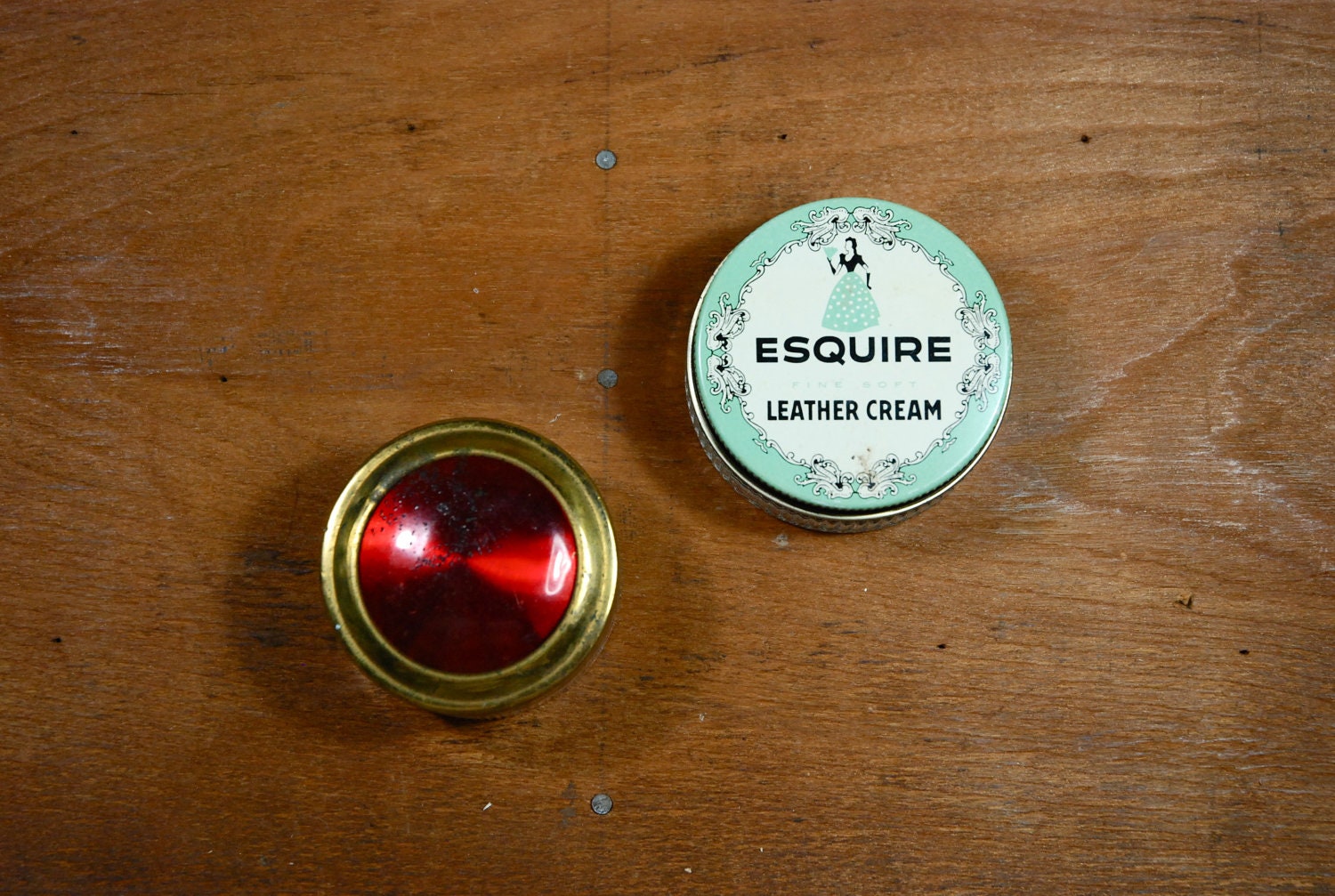 Lot of 2 Vintage Glass Jars / Esquire Leather Cream Container & Ruby Red Perfume Jar