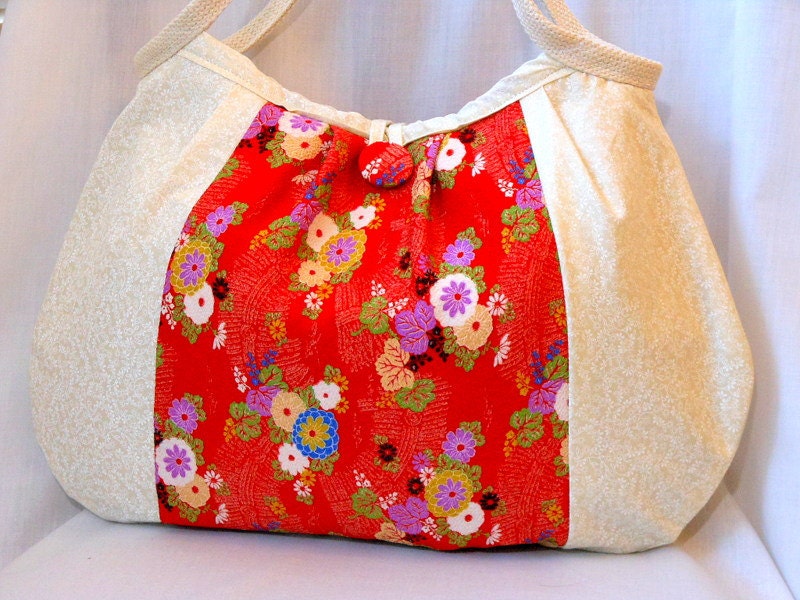 Japanese Fabric Bag Kimono Bag Floral Purse Hobo Bag Medium Handbag Authentic Japanese Kimono fabric Red Chrysanthemums Beige In Stock