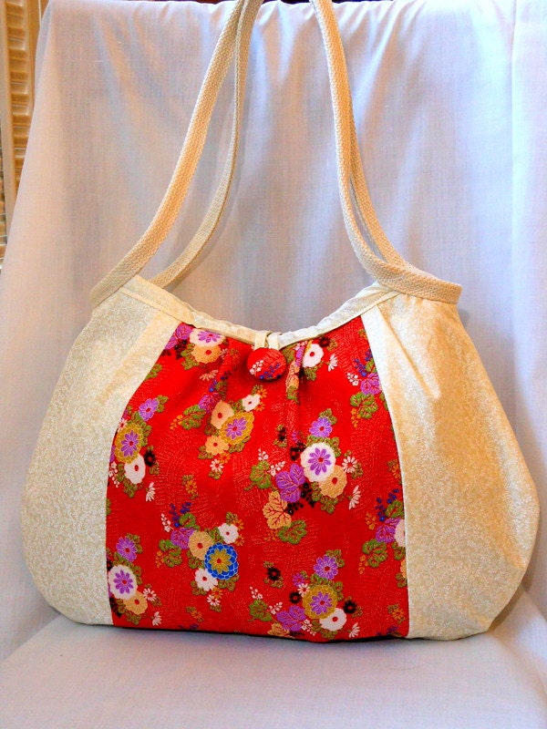 Japanese Fabric Bag Kimono Bag Floral Purse Hobo Bag Medium Handbag Authentic Japanese Kimono fabric Red Chrysanthemums Beige In Stock